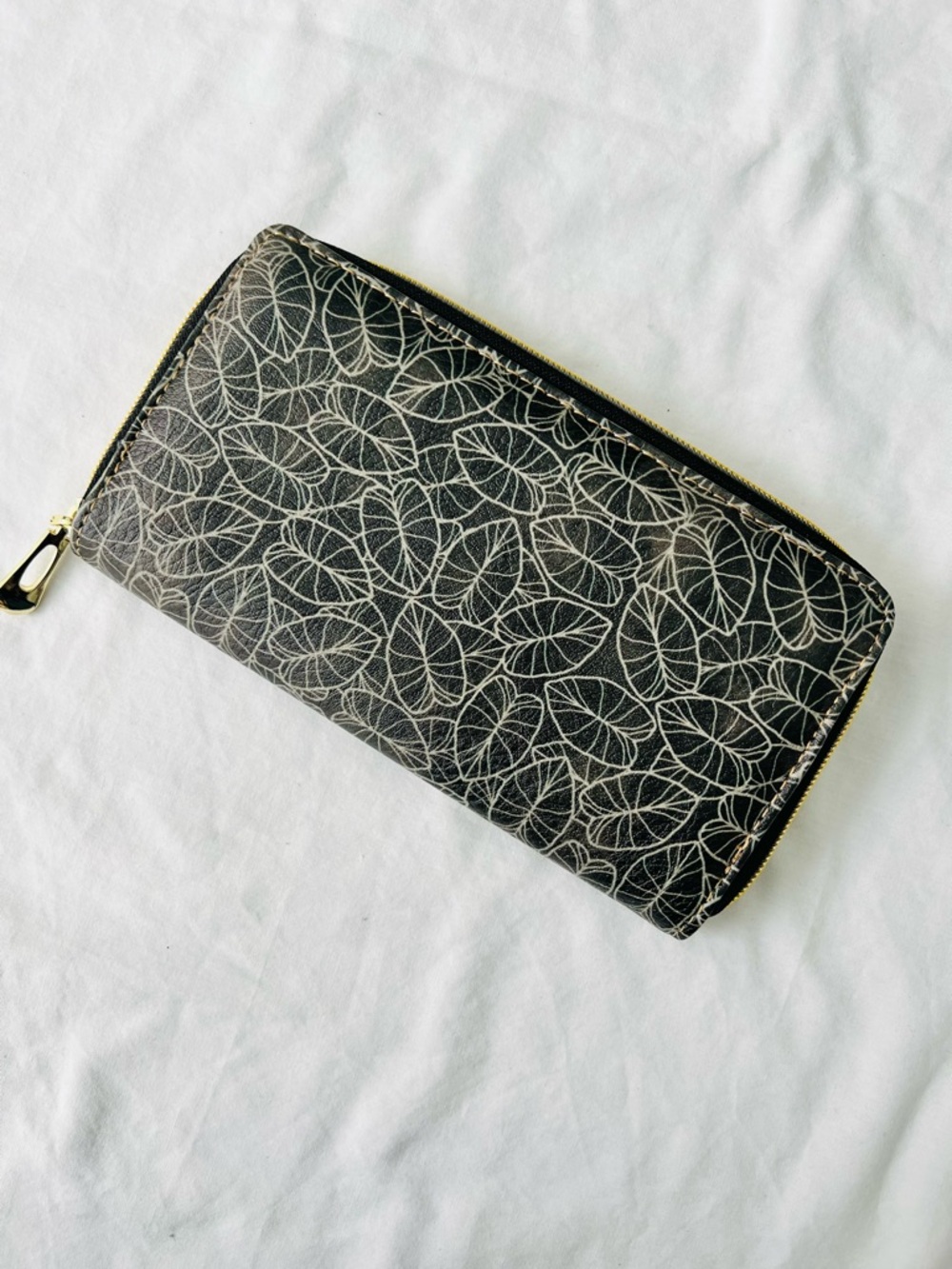 Black Leaf-Print Zip Around Wallet with Gold Zip